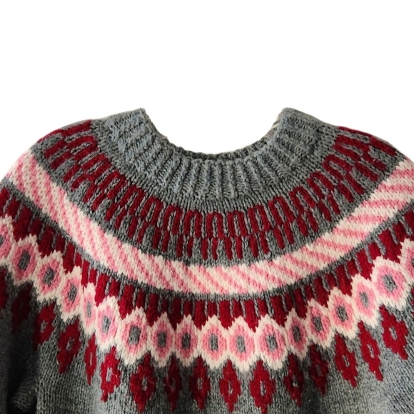 Vintage Handmade Fair Isle Sweater Women M-L Cottagecore Pullover 90s Gray Red - Picture 4 of 5